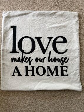 Indigo White Pillow Cover with Black 'Love Makes Our House A Home' Text